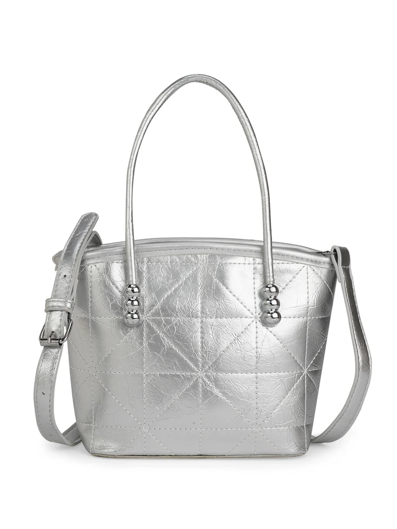 globus Globus Women Silver Textured Double Handle Party Handheld Bag With Detachable Strap